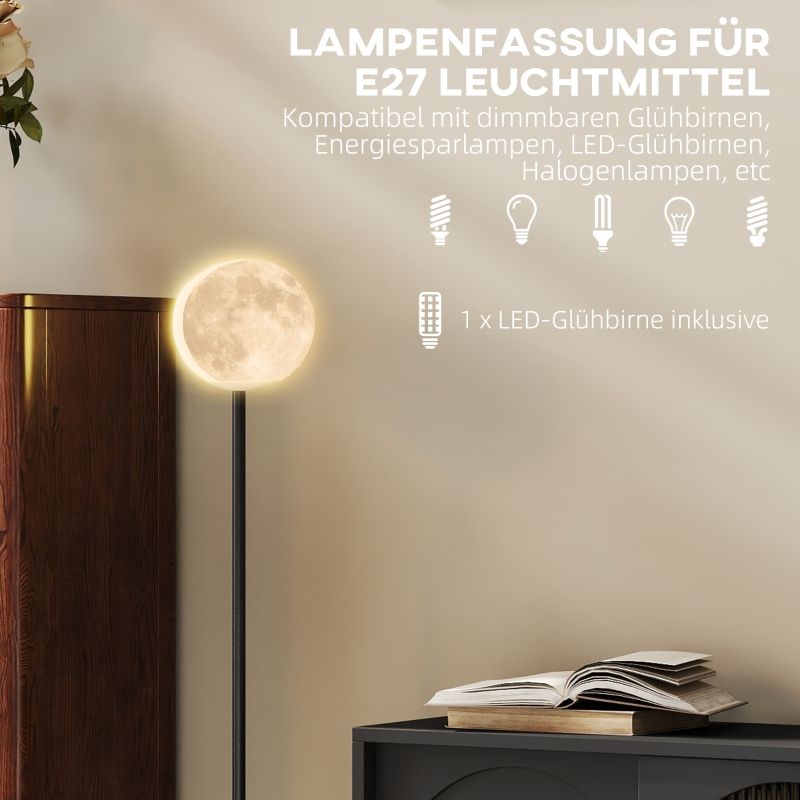 Stehlampe Mit Schirm In Mondoptik, Fußschalter, 3 Farbtemperaturen, Metall, Schwarz_voghion.com