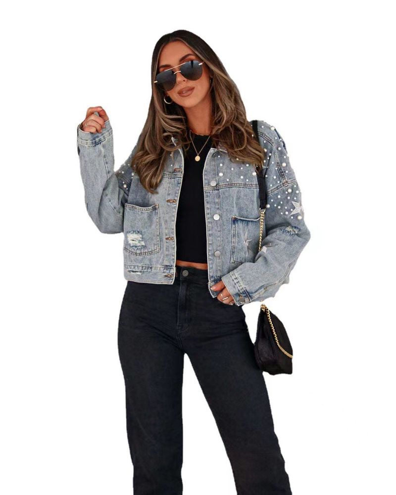 Giacca in denim effetto consumato da donna con ricamo di strass – Stile boho casual oversize per autunno e inverno_voghion.com