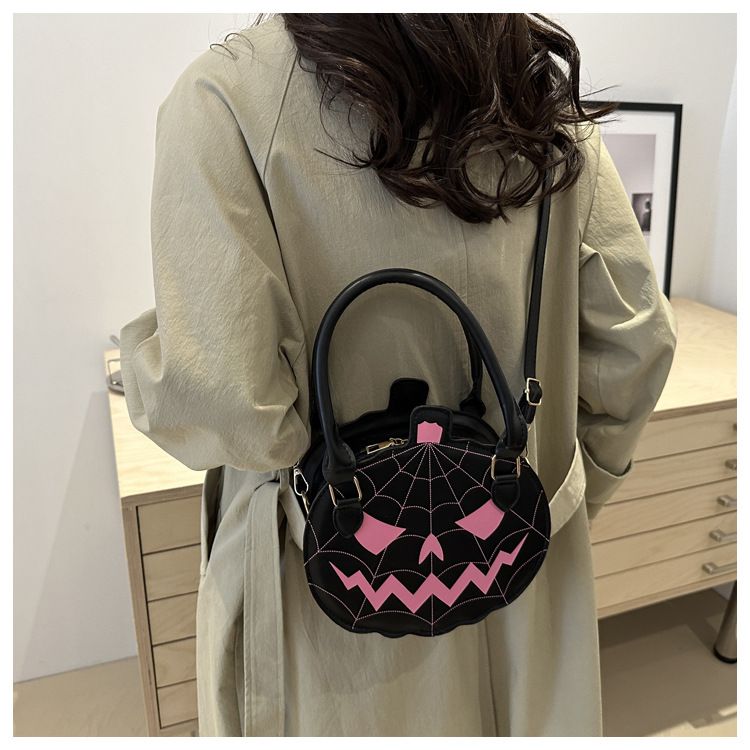Borsa a tracolla con zucca di Halloween - Piccola borsa a tracolla rotonda in stile retrò con blocchi di colore, chiusura con cerniera e tasca per telefono_voghion.com