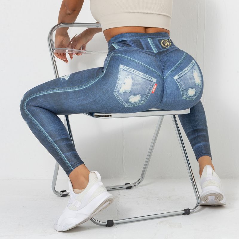 Women's Clothing digital printed denim blue tight-fitting high-elastic quick-drying yoga pants sports running tight fitness pants for women_voghion.com