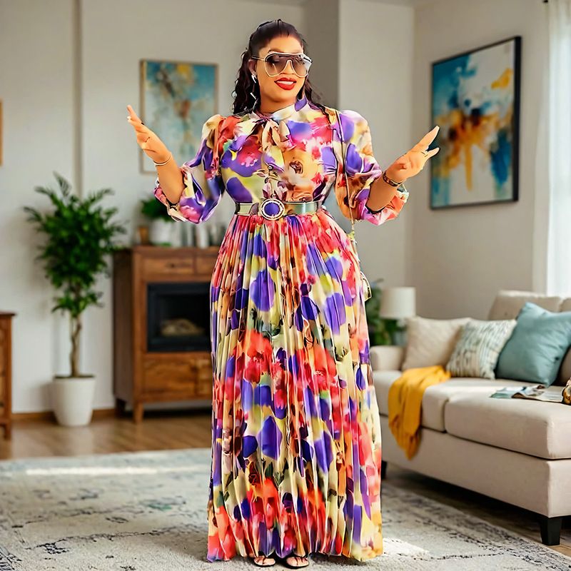 Women's Clothing Scarf Collar Temperament Puff Sleeve Waist Print Design Dress_voghion.com