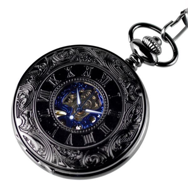 Retro Flip New Roman Blue Surface Mechanical Pocket Watch_voghion.com