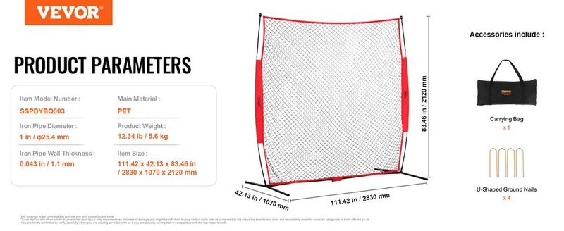 VEVOR Barricade Backstop Net, 7x7 Ft Ball Sports Barrier Netting, Portable Practice Equipment With Carry Bag, Protection Screen For Baseball Softball Lacrosse Soccer Hockey Training, For Backyard_voghion.com