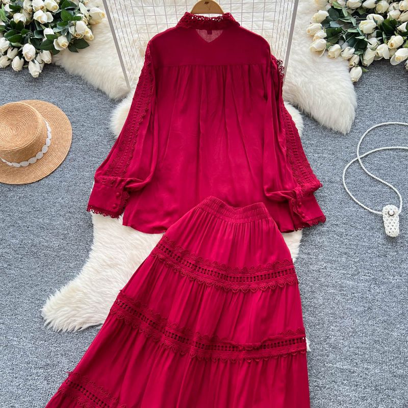 Damenbekleidung Palaststil Hohlhaken Blume Licht Reife Schwester Anzug Weiblicher Sommer Langarmhemd Elastische Taille Langer Rock_voghion.com