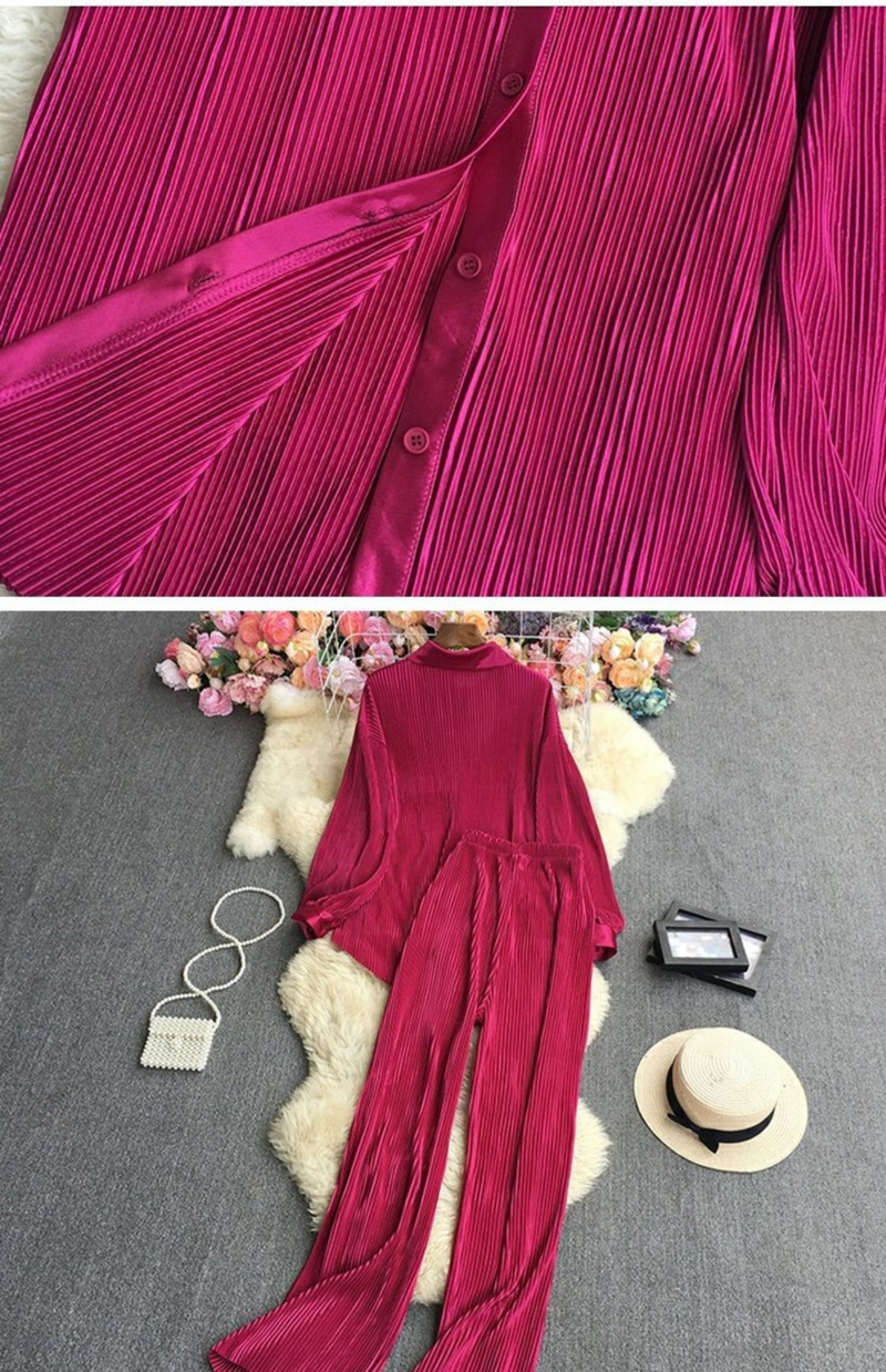 Damen Moud propper Faarf Hemd Zwee-Stéck Set vun Héichtaille Vertikal Vertikal Breetbeenhosen_voghion.com