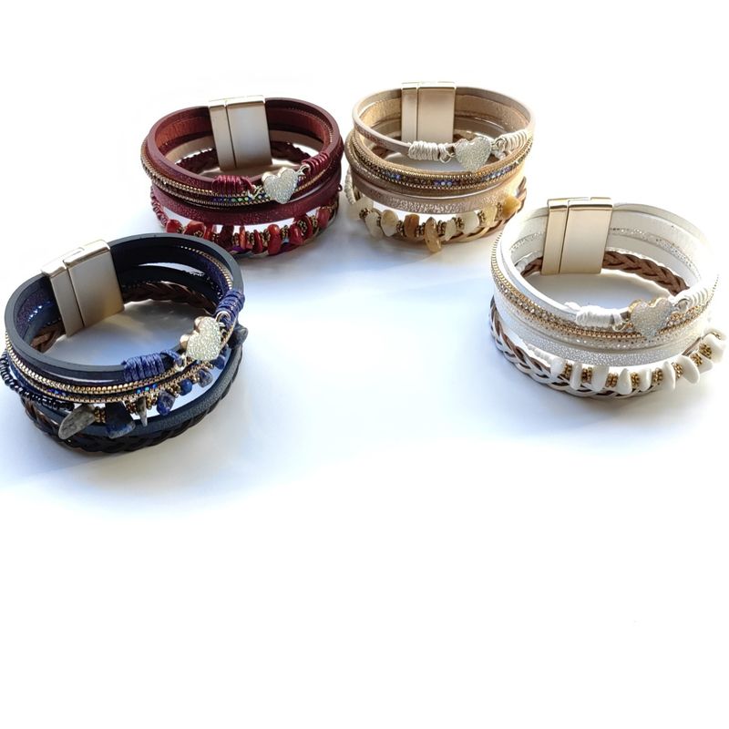 Multi Layer Fashionable Peach Heart Crushed Stone Leather Bracelet, Ladies' Magnetic Buckle Batch_voghion.com