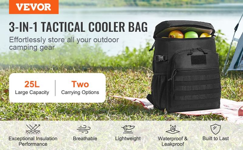 Cooler Bag, 25L Insulated Lunch Bag With Molle Design And Multi-Pocket, 600D Cooler Lunch Box With Removable Storage Bags, Soft Cooler For Office, Picnic, Hiking, Beach Or Beverage, Black_voghion.com