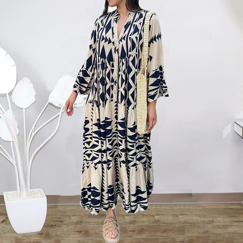Vestido boêmio estampado feminino grande de outono 2025 para mulheres_voghion.com