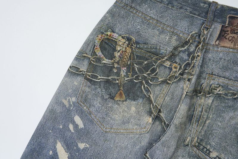 3D Baskılı Zincirli Kot Pantolon - Çıkarılabilir Askılı Sokak Stili Bol Kesim Kot Pantolon (S-XL)_voghion.com