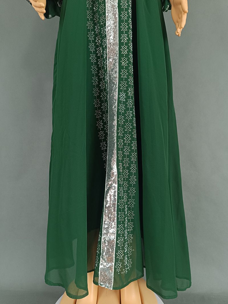 Abbigliamento da donna, abito lungo in chiffon con maniche a sbuffo, stile etnico mediorientale, con cintura e diamanti caldi_voghion.com