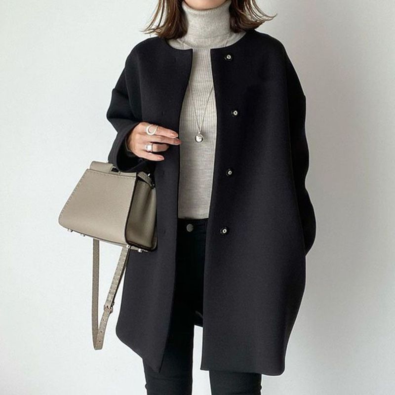 4-Color High-Quality Straight Tube For Women's Autumn And Winter Temperament, Solid Color Simple Woolen Coat Top_voghion.com
