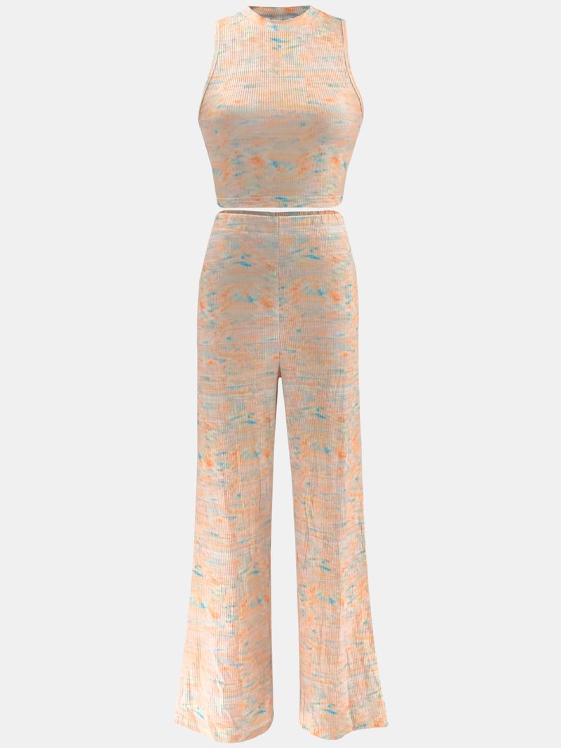 M3156 Completo due pezzi estivo da donna con pantaloni a gamba larga stampati e senza maniche_voghion.com