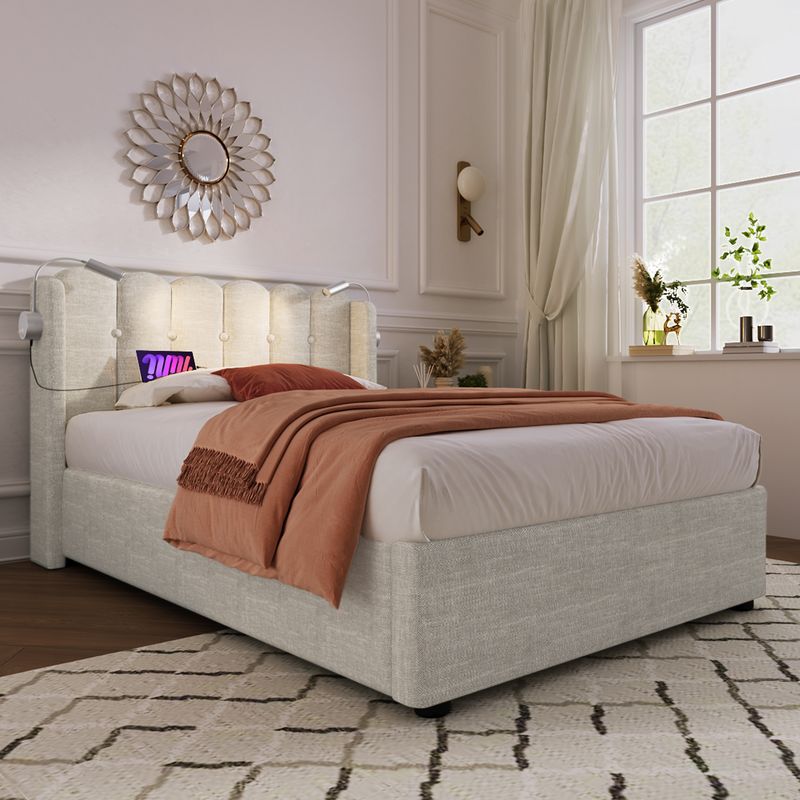 Cadre de lit simple rembourré avec liseuse, fonction de charge, rangement pour la tête de lit, lit enfant en lin 90 x 200 cm avec sommier à lattes (matelas non inclus, coloris naturel)_voghion.com
