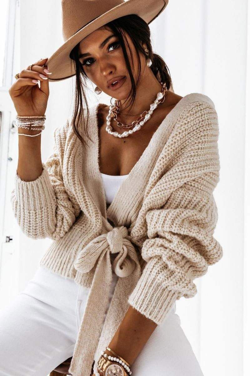 Wrap over Front Belted Puff Sleeve Cropped Cardigan_voghion.com