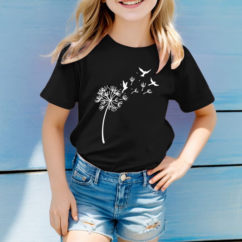 Madre y niños 2024 Verano Comercio exterior Ropa para niños Nuevo diente de león Estampado lindo Camiseta con cuello redondo para niños Top de manga corta para niños_voghion.com