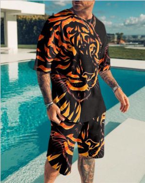 Kurzarm-T-Shirt-Set für Herren mit Rundhalsausschnitt, lässiges T-Shirt und Shorts im 3D-Druck „König der Löwen“-Design, Kordelzug-Shorts, Streetwear
_voghion.com