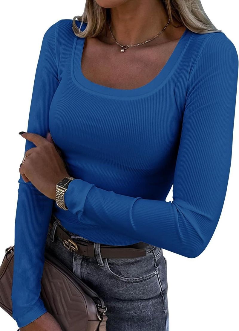 Women's Clothing Long Sleeved Slim Elastic Round Neck Ribbed T Shirt Casual Basic Tops_voghion.com
