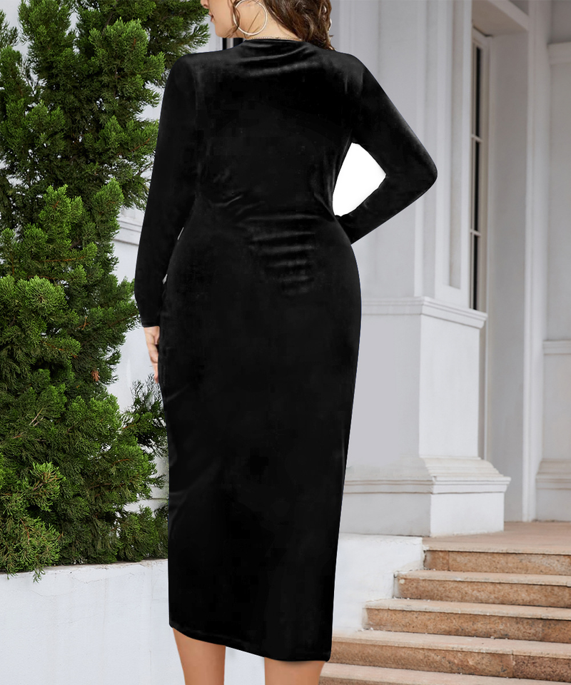 Damenkleid Langärmliges Samt-Etuikleid Sexy plissiertes Wickelkleid mit tiefem V-Ausschnitt, Party-Cocktailkleid_voghion.com