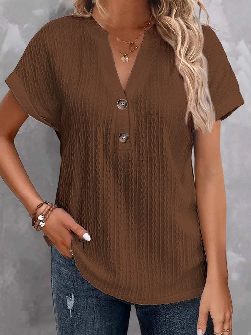 Lässige Kurzarm-T-Shirts mit V-Ausschnitt und Knopfleiste, modische, lockere Pullover-Sommerblusen, T-Shirt für Damen_voghion.com