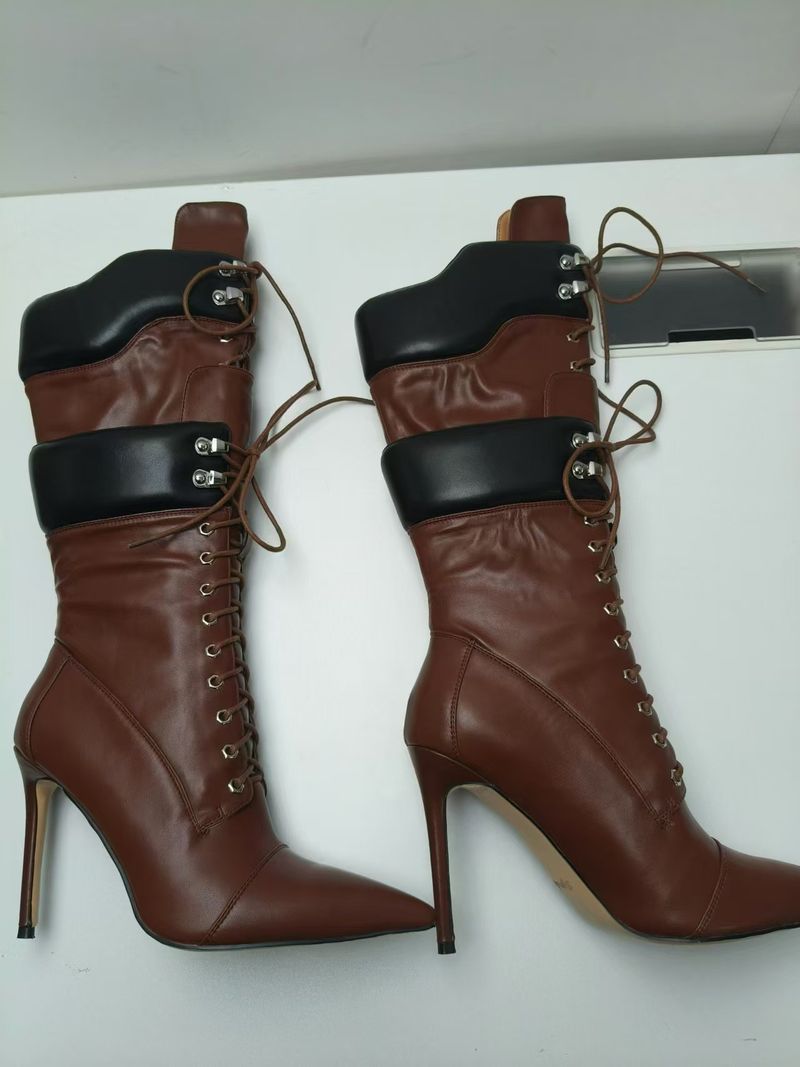 Women's Shoes New Style Pointed Toe Stilettos Ultra High Heels Double Layer Strap Fashion Show Large Size Knee High Boots For Women_voghion.com