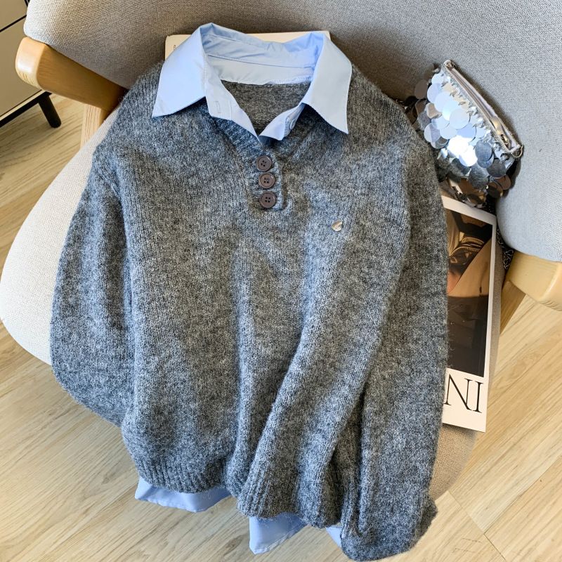Abbigliamento da donna in stile coreano, camicia a strati e top in maglia, outfit autunnale da donna - grigio, bianco e blu_voghion.com