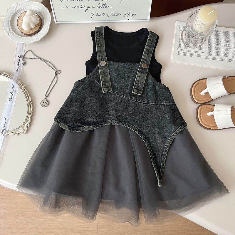 Mother & Kids Girls Suit Summer New Korean Version Denim Mesh Dress + Vest Princess Two Piece Suit Trendy_voghion.com