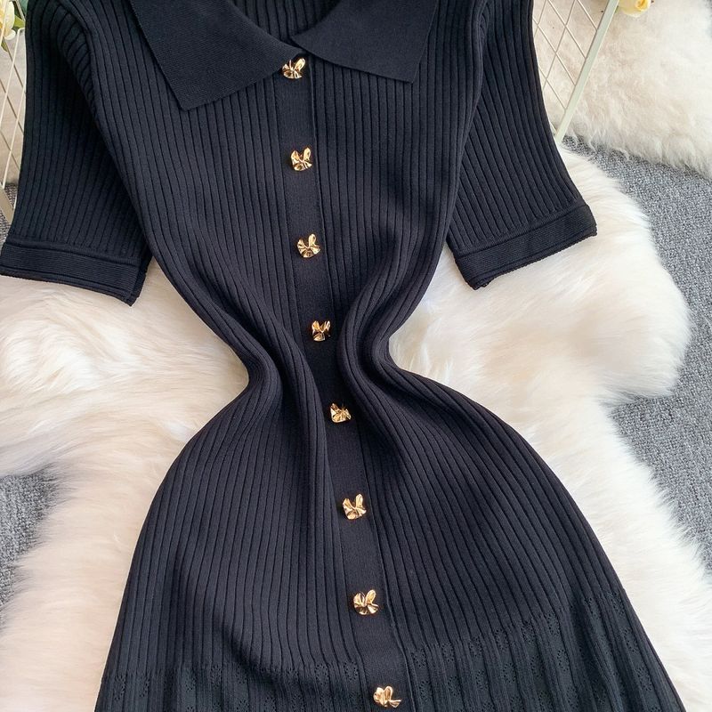 Abito da donna con risvolto e maniche corte, nuovo stile, con fibbia in metallo, vita sottile, gonna lunga lavorata a maglia a coda di pesce_voghion.com