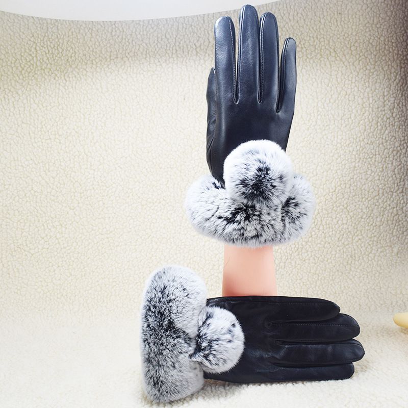 Gants d'hiver chauds en cuir à doigts fendus pour femme, en fourrure de lapin Rex et peau de mouton, pour écran tactile_voghion.com