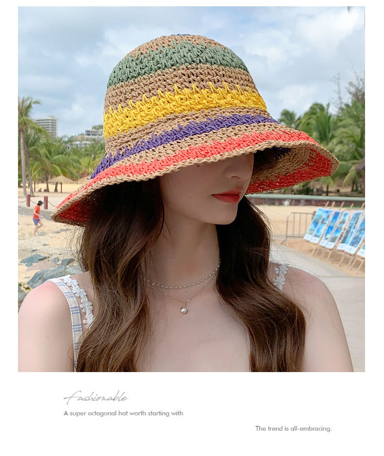 Sraw da donna pieghevole bohemien spiaggia arcobaleno colorato pescatore He Sun, che mostra un piccolo viso coprente, alla moda Po_voghion.com