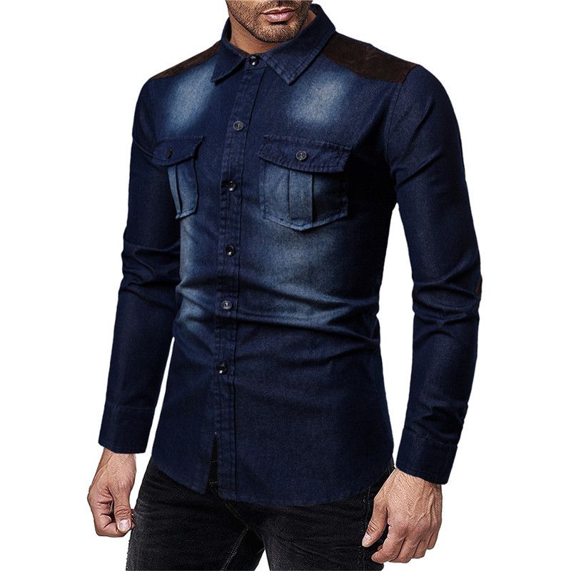 Herrenbekleidung gewaschenes Langarm-Jeanshemd Jugendmode lässiges einfaches Hemd_voghion.com