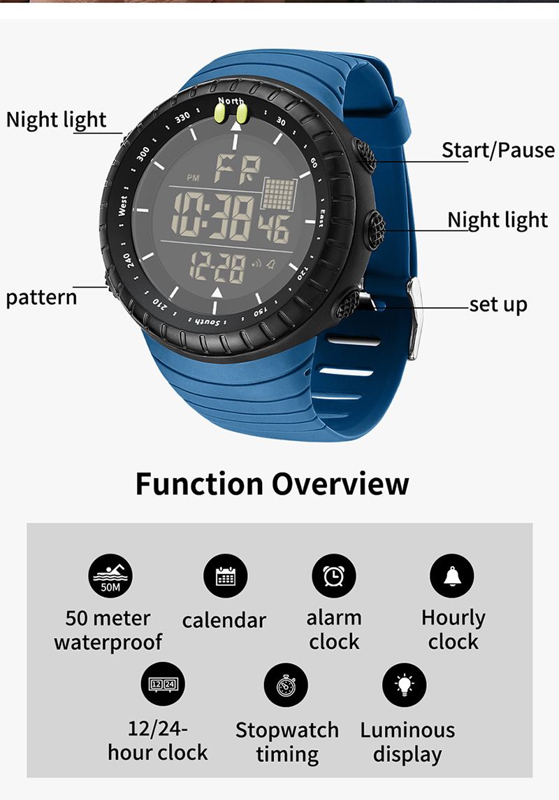 Large Dial Digital Sports Watch With Night Light, Waterproof, Alarm, Stopwatch, And Multi-Function Men Women Luminous Alarm Clock Multi Function Watch_voghion.com