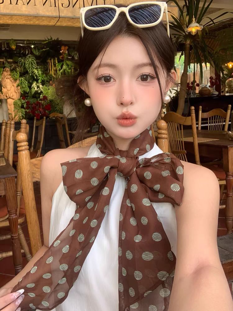 Spring And Autumn Brown Polka Dot Women's, Thin Head Scarf High-end Atmosphere, Versatile Necklace Scarf_voghion.com