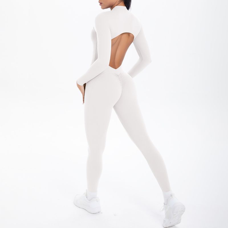 New Cross-Border Double-Sided Brocade Solid Color Beautiful Back Hollow Long Sleeve Sports Running Fitness Yoga Jumpsuit_voghion.com