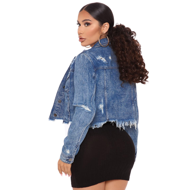Damenmode-Persönlichkeit, zerrissene Fransen, kurze Vintage-Langarmjacke, Jeansjacke_voghion.com