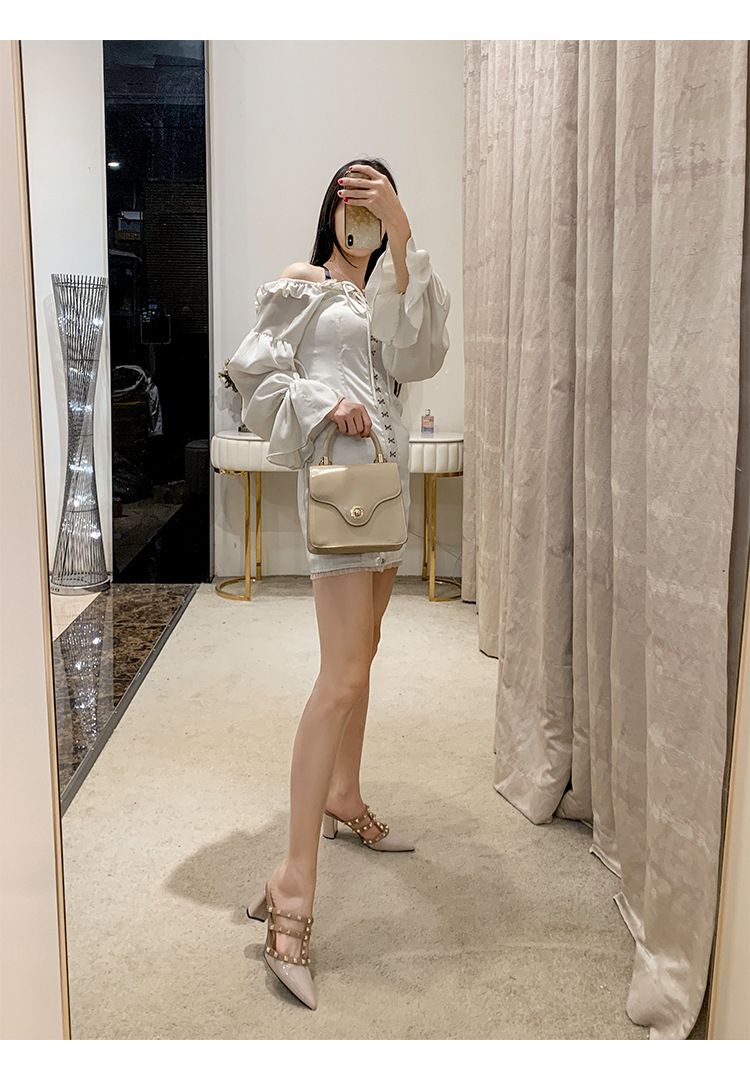 Spitz zulaufende Pantoletten mit offener Zehenpartie und Nieten für Damen, vielseitige Sandalen mit klobigem Absatz_voghion.com