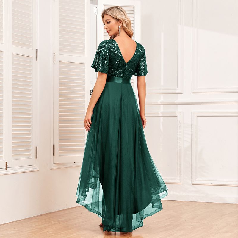 Robe de soirée élégante à volants et manches courtes pour femme avec taille élastique et jupe longue irrégulière en tulle moelleux_voghion.com