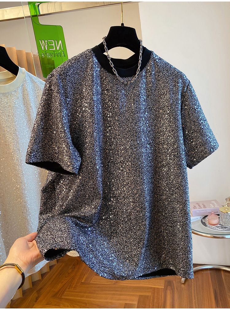 2024 New Loose European Style Sequin Shiny Silk T-Shirt Men's Short Sleeve Unique Chic Design Handsome Top_voghion.com