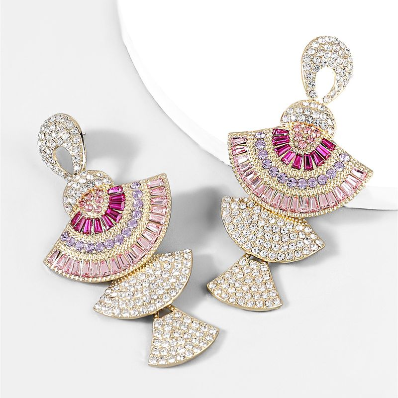 Yamaler 1 Pair Lady Shiny Rhinestone Inlaid Colorful Fan-shaped Long Dangle Earrings for Banquet_voghion.com