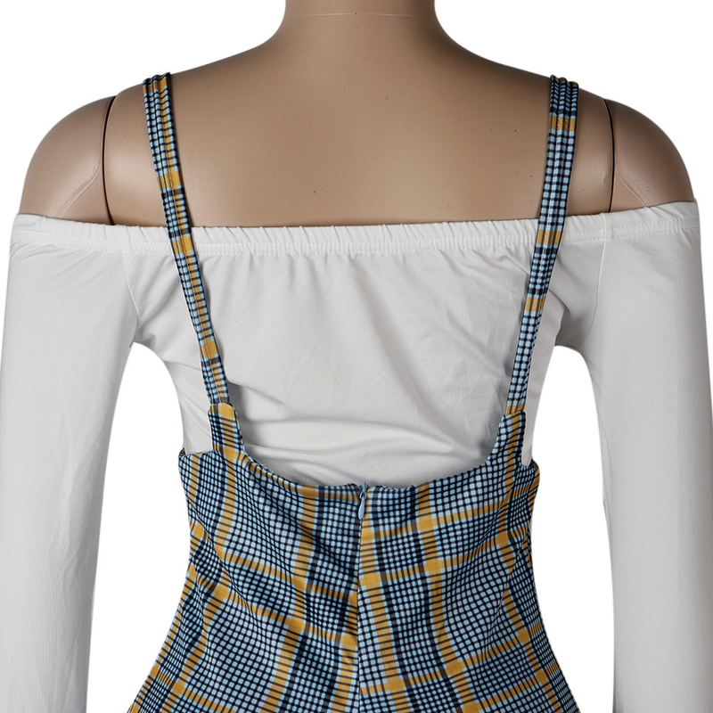 Women's sexy slim line shoulder coat plaid suspenders two-piece set_voghion.com