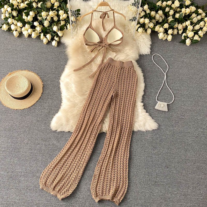 Ženska oblačila za na plažo, obleka za ženske, poletje, seksi bikini z naramnicami in zgornjim delom z ovratnikom, votle pletene hlače s širokimi nogavicami_voghion.com
