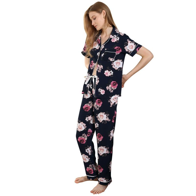Pyjama Dames Zomer Plantenprint Korte Mouw Shirt Lange Broek Tweedelige Set Huiskleding Pamas_voghion.com
