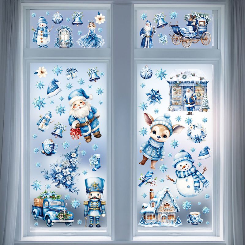 Adesivo decorativo natalizio statico per finestra con Babbo Natale, alce e pupazzo di neve blu, personalizzabile, transfrontaliero_voghion.com