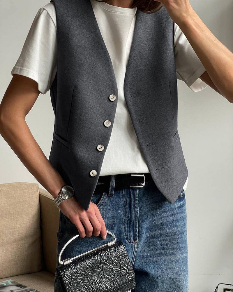Women's Sleeveless Blazers Pocket Streetwear Solid Color_voghion.com