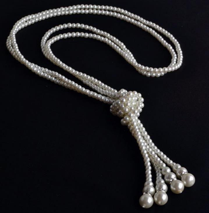 Collar largo de doble capa de perlas versátil de estilo coreano para mujer con múltiples capas de cadenas de suéter anudadas_voghion.com
