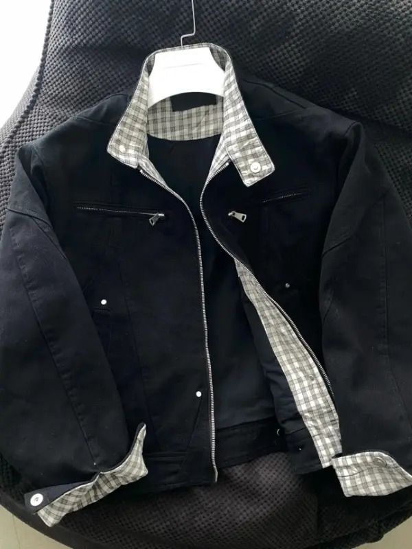 Retro Workwear Jacket Men's Stand Up Collar Jacket Cardigan Zipper Top Versatile Casual_voghion.com