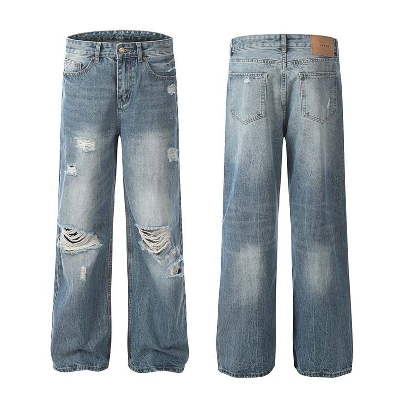 Men's Clothing Washed Distressed Ripped Drape Niche Jeans Men And Women Trendy Retro Loose Casual Straight Pants_voghion.com