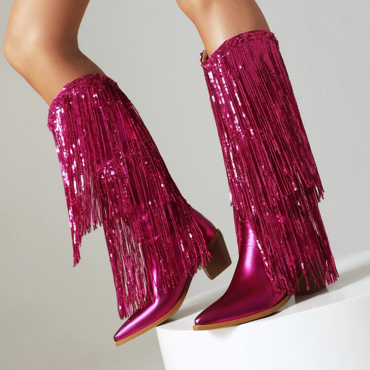 Women's Shoes autumn and winter tassel sequined western boots pointed toe thick heel high heel long tube mirrored patent leather women's boots_voghion.com