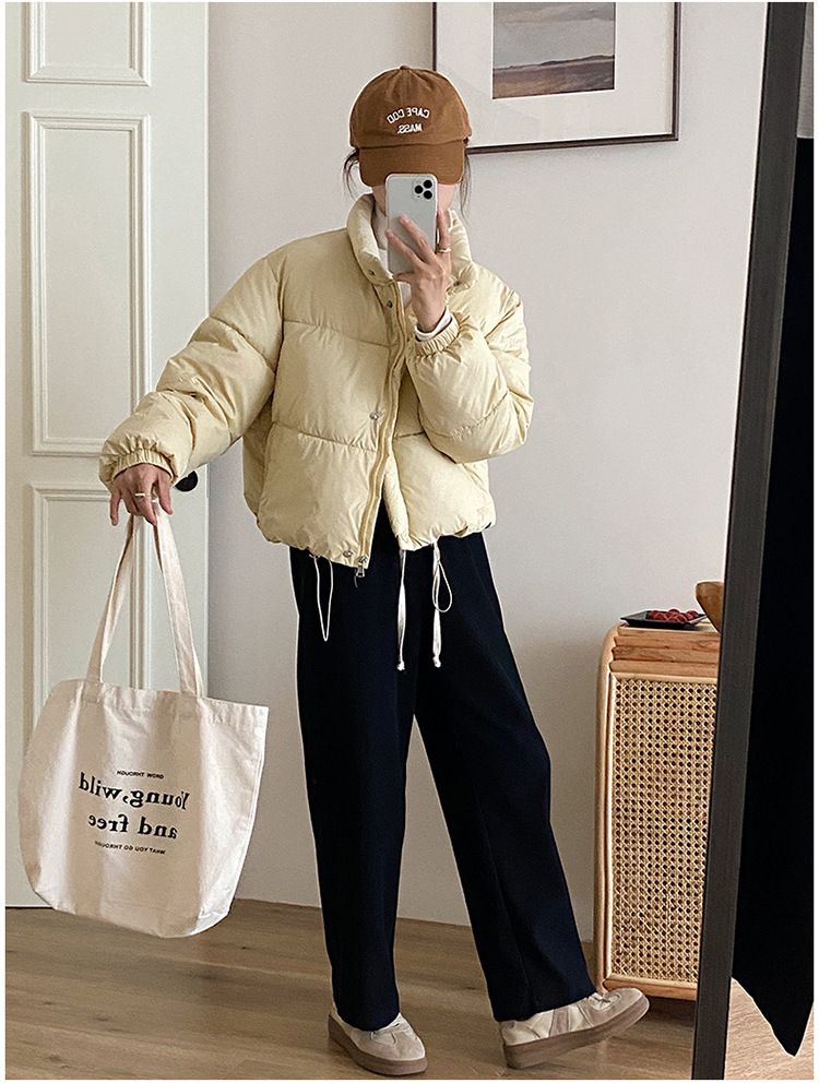 Jaqueta curta feminina com gola alta, casaco grande acolchoado de algodão, agasalho casual de inverno para tamanhos pequenos e grandes_voghion.com