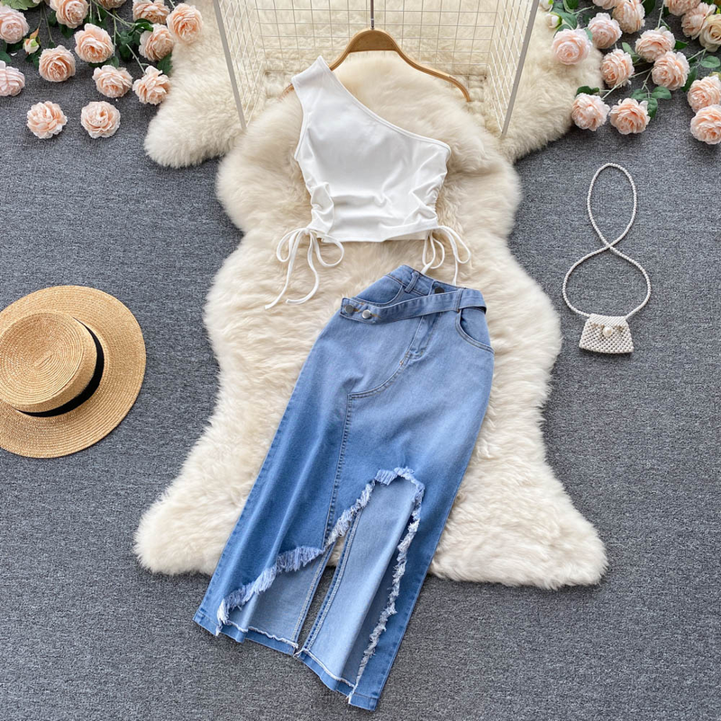 Women's Drawstring Lace-up Slouchy Vest Irregular Raw Edge Split Denim Half-body Skirt Two Piece Set_voghion.com