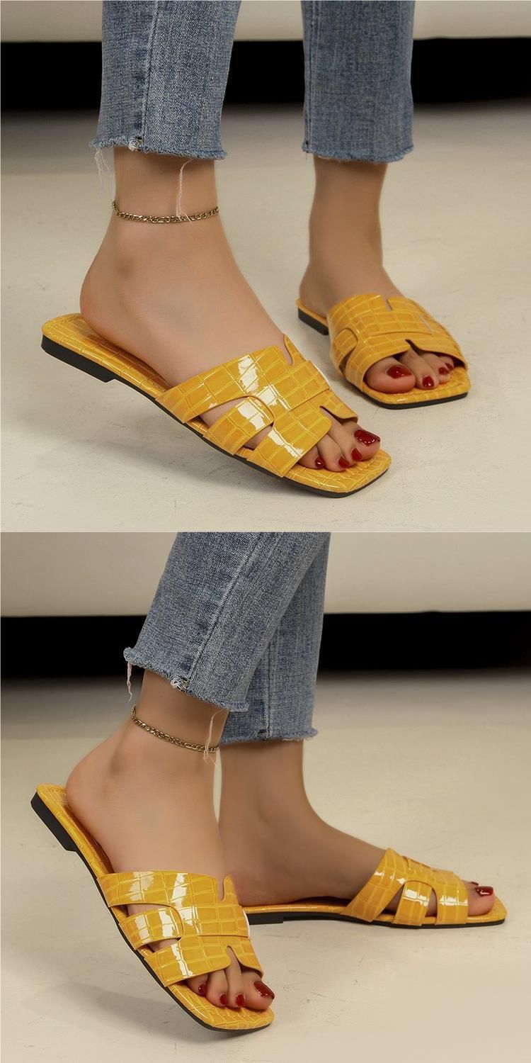 A Word Solid Color Flat Women's Slippers New Classic Stone Pattern Slip-on_voghion.com